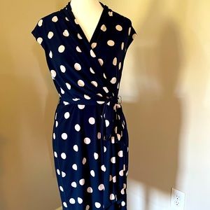 Navy polka dot faux wrap dress